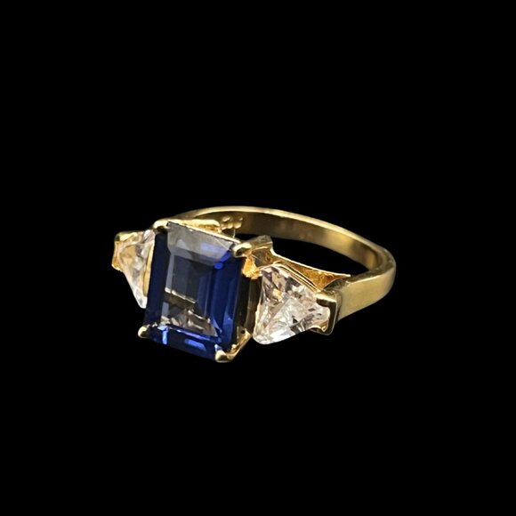 Vintage Blue Sapphire Ring With Cubic Zirconia Gold-Plated Sterling Silver - Picture 4 of 7